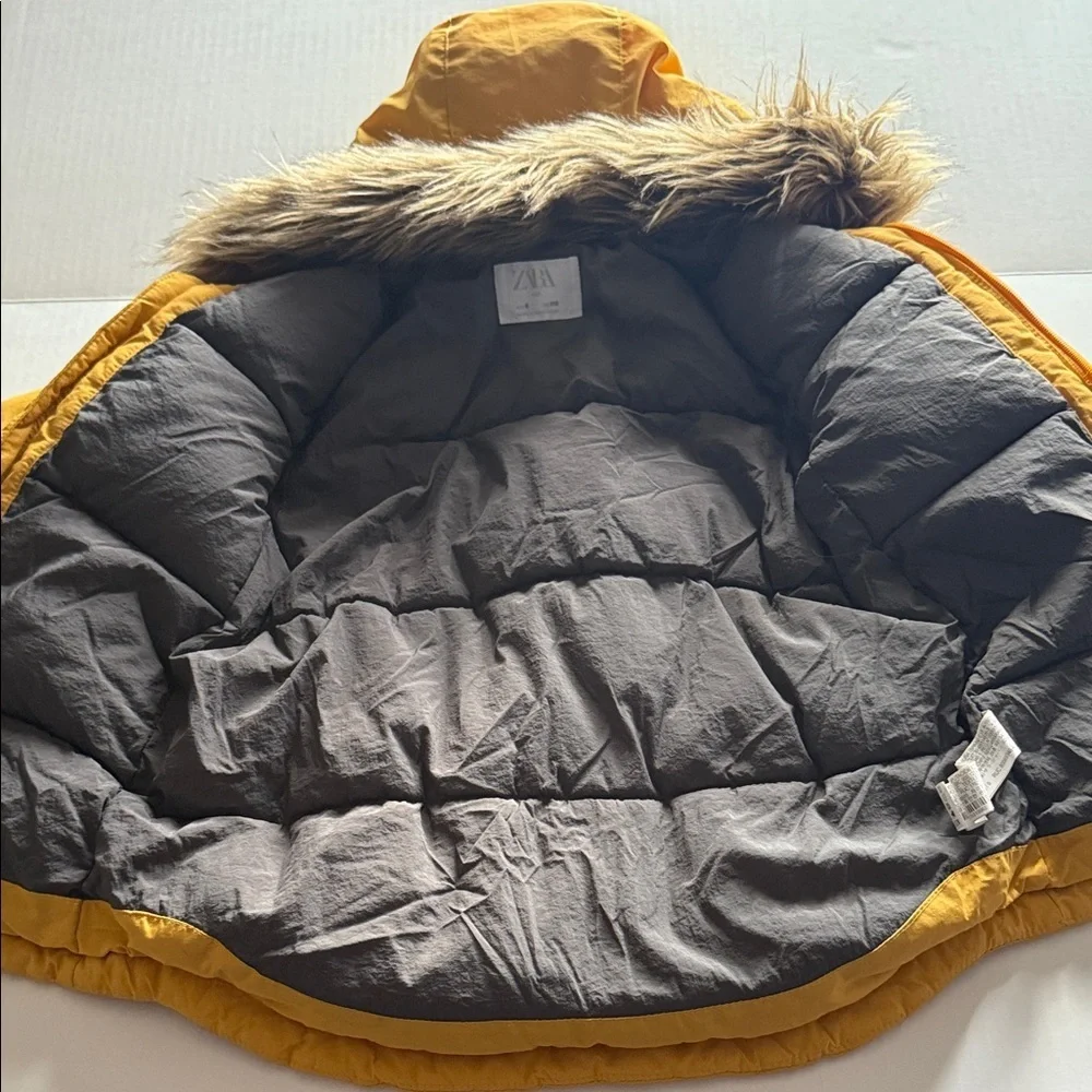 Zara Kids Yellow Puffer Jacket with Faux Fur Hood
